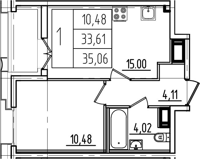 1-комнатная, 35.06 м²– 2
