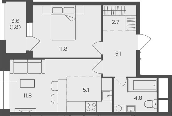 2Е-комнатная, 43 м²– 2