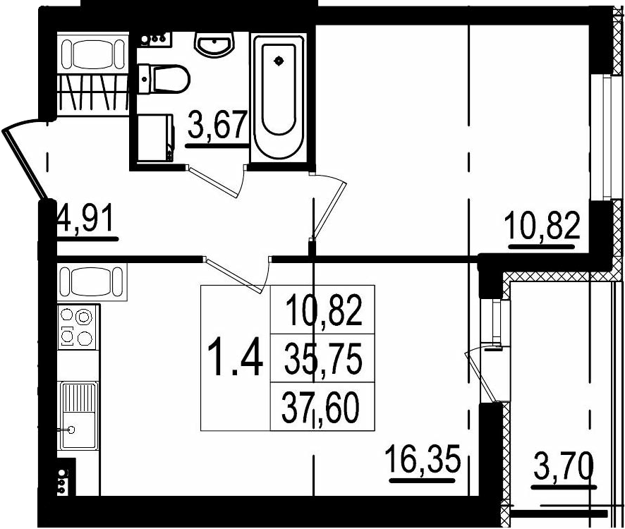 2Е-комнатная, 35.75 м²– 2