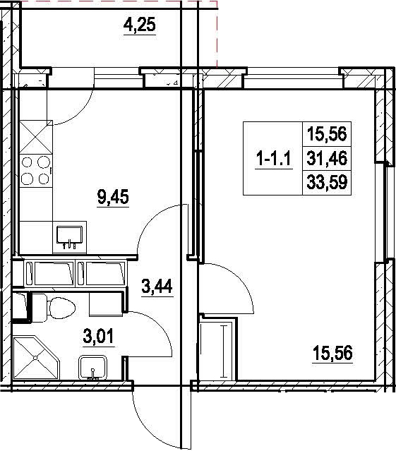 1-комнатная, 31.46 м²– 2