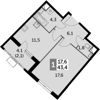 1-комнатная, 43.4 м²– 2