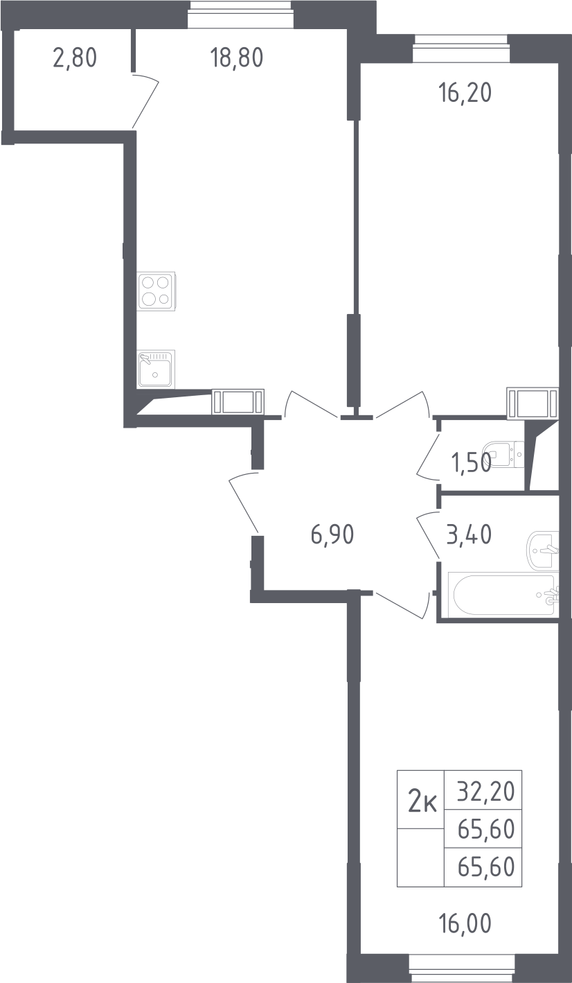 2-комнатная, 65.6 м²– 2