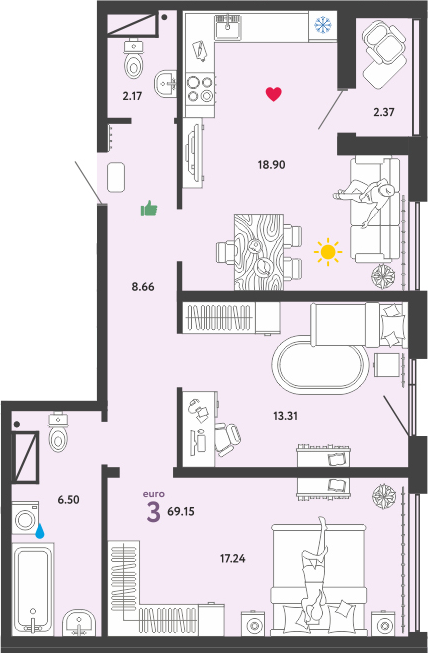 3Е-комнатная, 69.15 м²– 2