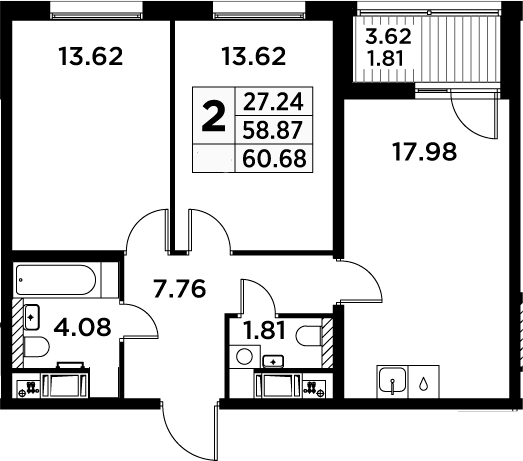 3Е-комнатная, 60.68 м²– 2