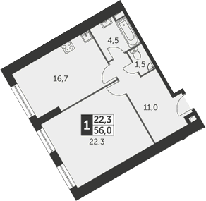 1-комнатная, 56 м²– 2