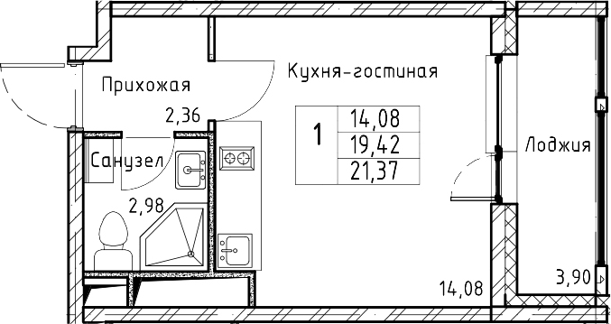 Студия, 21.37 м², 10 этаж