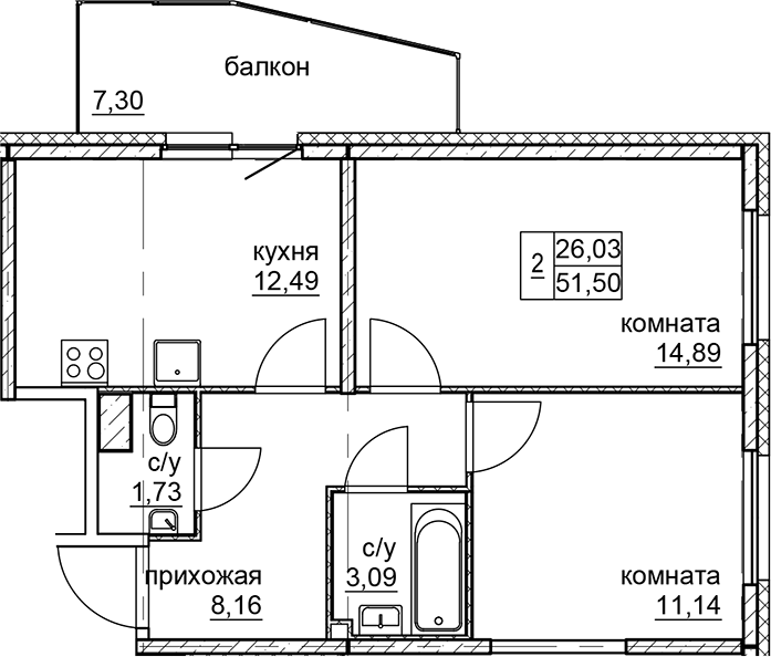 2-комнатная, 51.5 м²– 2