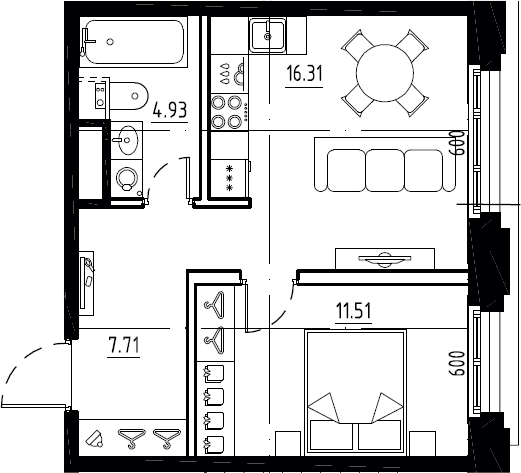 1-комнатная, 40.46 м²– 2