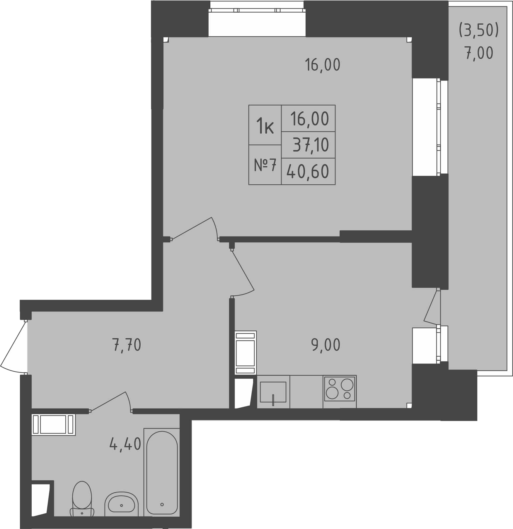 1-комнатная, 40.6 м²– 2