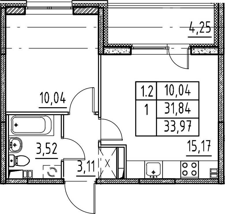 2Е-комнатная, 31.84 м²– 2