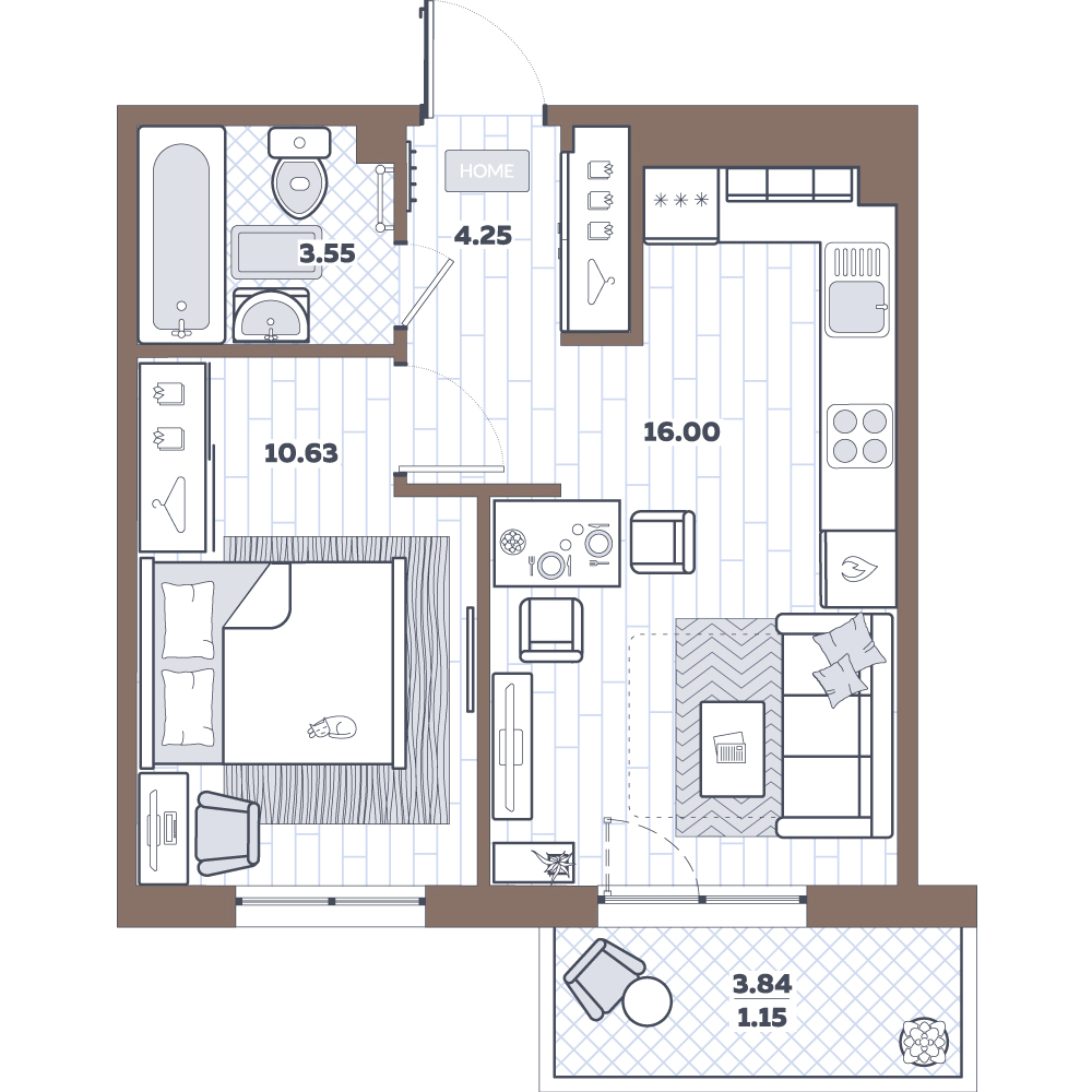 2Е-комнатная, 35.58 м²– 2