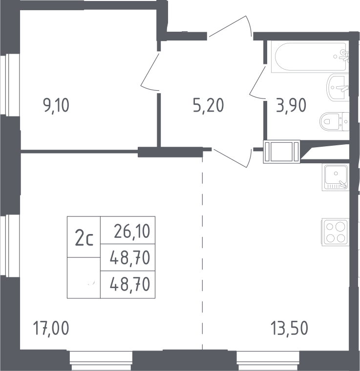 2Е-комнатная, 48.7 м²– 2