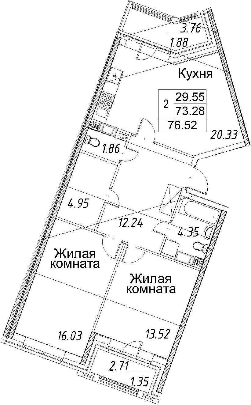 3Е-к.кв, 76.52 м²
