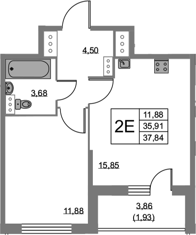 2Е-комнатная, 37.84 м²– 2