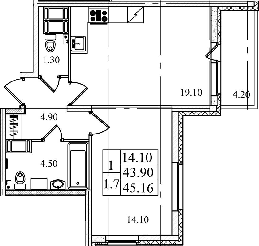 2Е-комнатная, 43.9 м²– 2