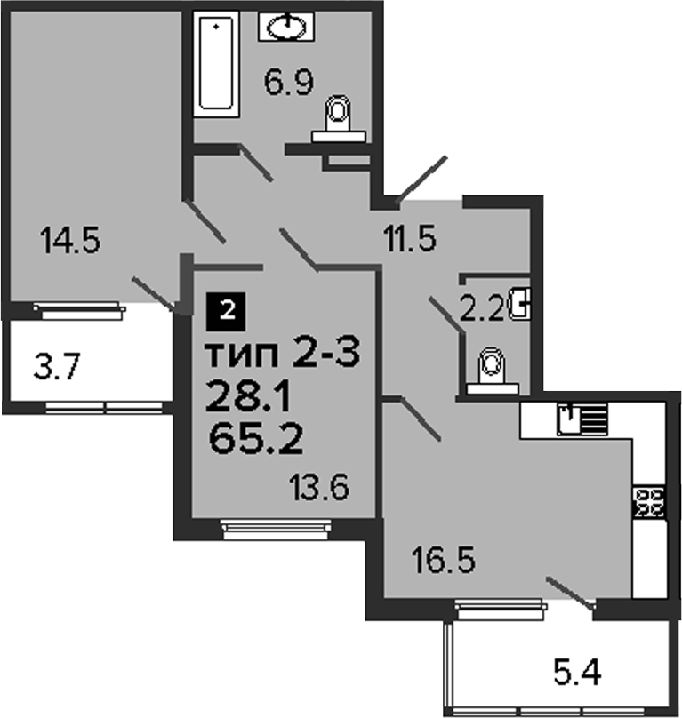 2-комнатная, 65.2 м²– 2