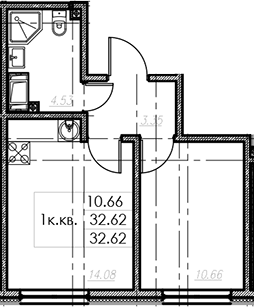 1-комнатная, 32.62 м²– 2