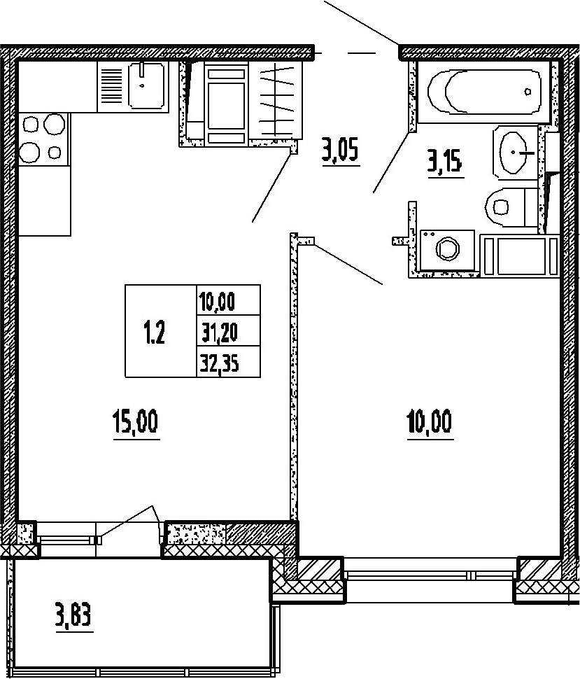 2Е-комнатная, 31.2 м²– 2