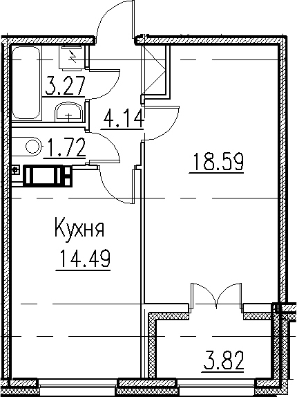 1-комнатная, 42.21 м²– 2