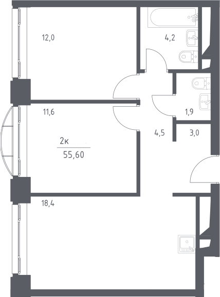 3Е-комнатная, 55.6 м²– 2