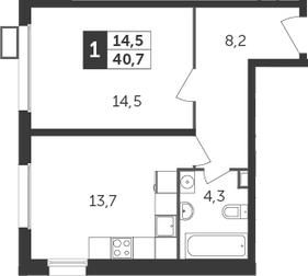 1-комнатная, 40.7 м²– 2