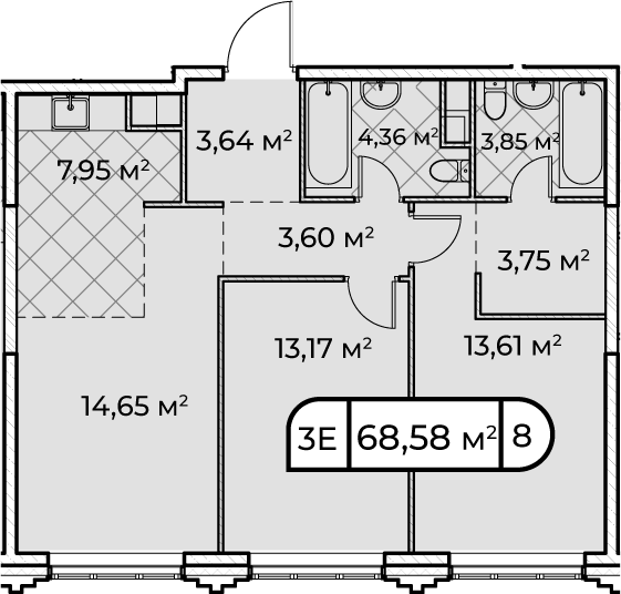 3Е-комнатная, 68.57 м²– 2