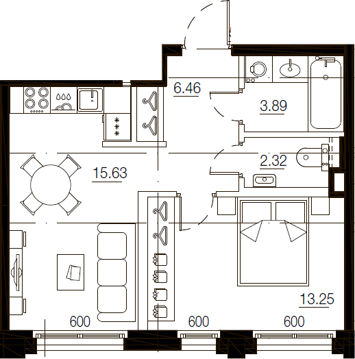 2Е-комнатная, 41.55 м²– 2