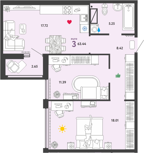 3Е-комнатная, 63.44 м²– 2