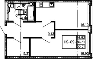 2Е-комнатная, 53.51 м²– 2