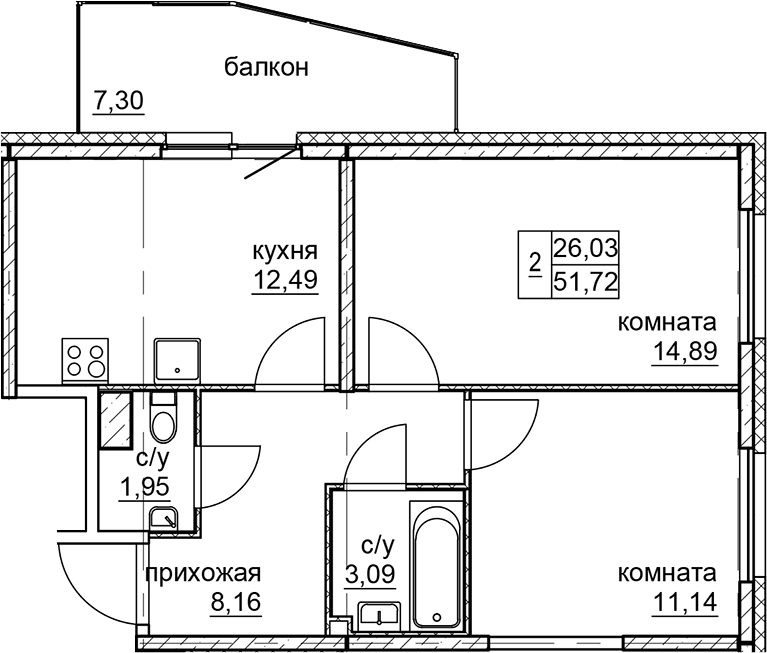 2-комнатная, 51.72 м²– 2