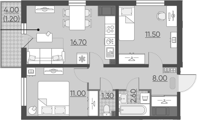 3Е-к.кв, 52.3 м², 2 этаж