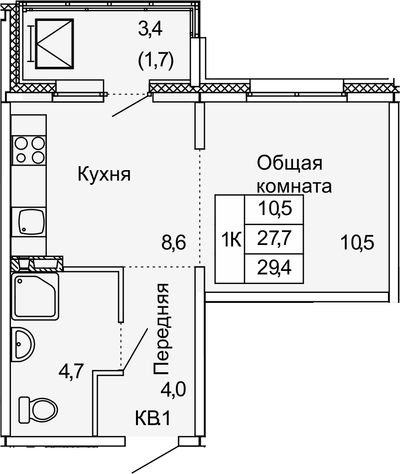 1-комнатная, 29.4 м²– 2