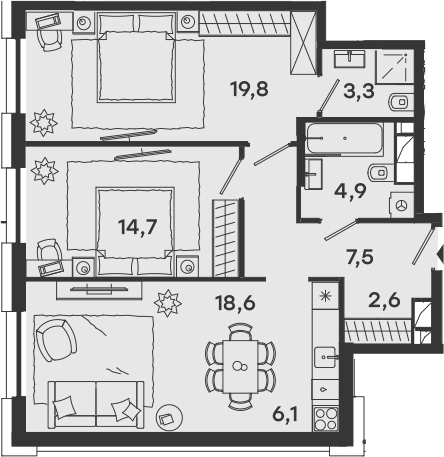 3Е-комнатная, 77.5 м²– 2