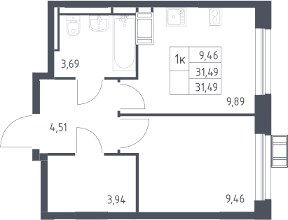 1-комнатная, 31.49 м²– 2