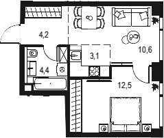 2Е-комнатная, 34.8 м²– 2
