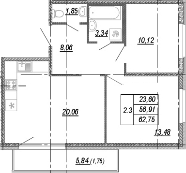 3Е-комнатная, 56.91 м²– 2