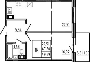 2Е-комнатная, 49.39 м²– 2