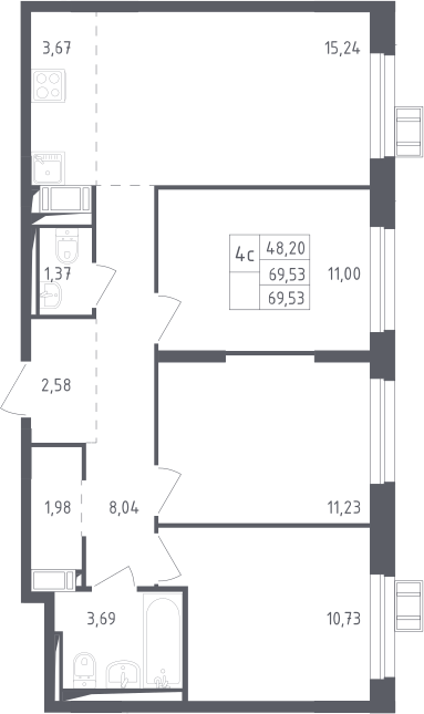 4Е-комнатная, 69.53 м²– 2
