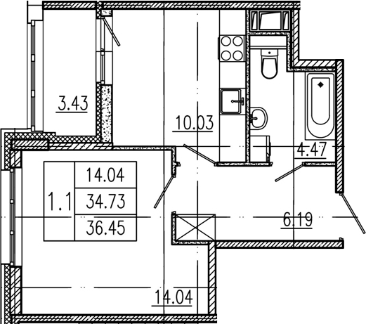 1-комнатная, 34.73 м²– 2