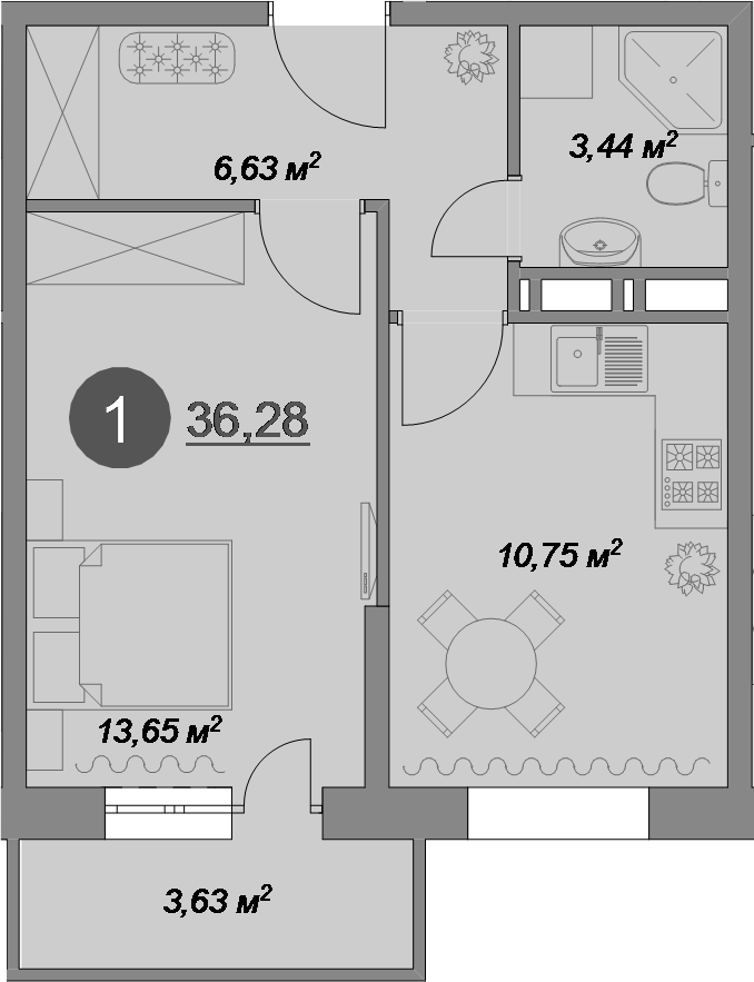 1-комнатная, 36.28 м²– 2