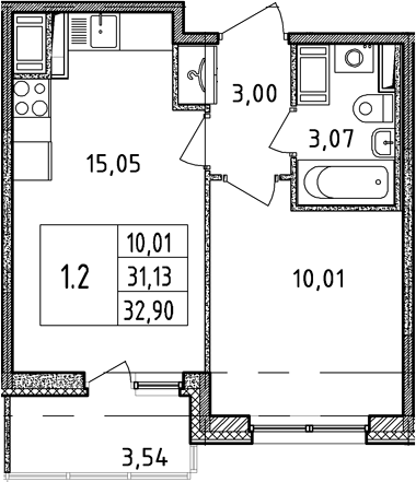2Е-комнатная, 31.13 м²– 2