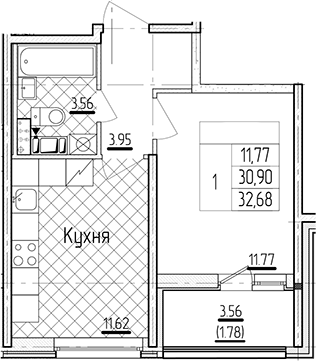 1-комнатная, 32.68 м²– 2