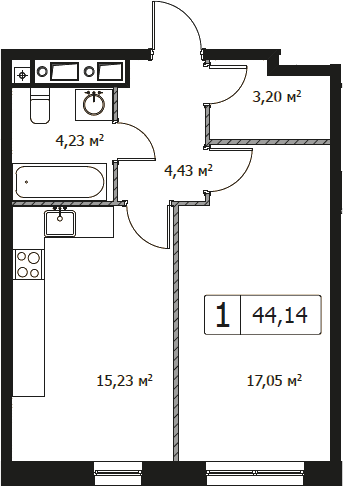 1-комнатная, 44.14 м²– 2
