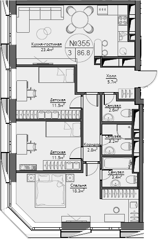 4Е-комнатная квартира, 86.8 м², 48 этаж – Планировка