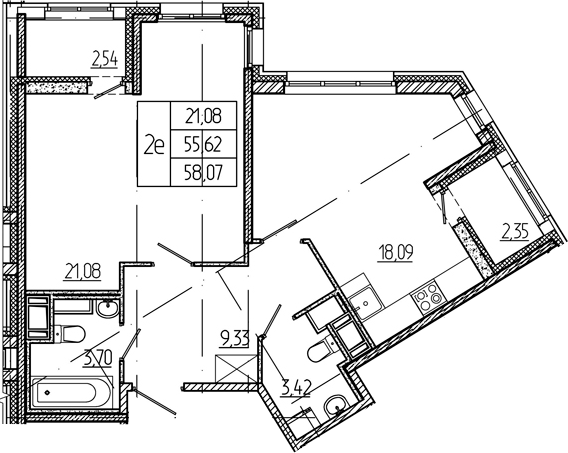 1-комнатная, 55.62 м²– 2