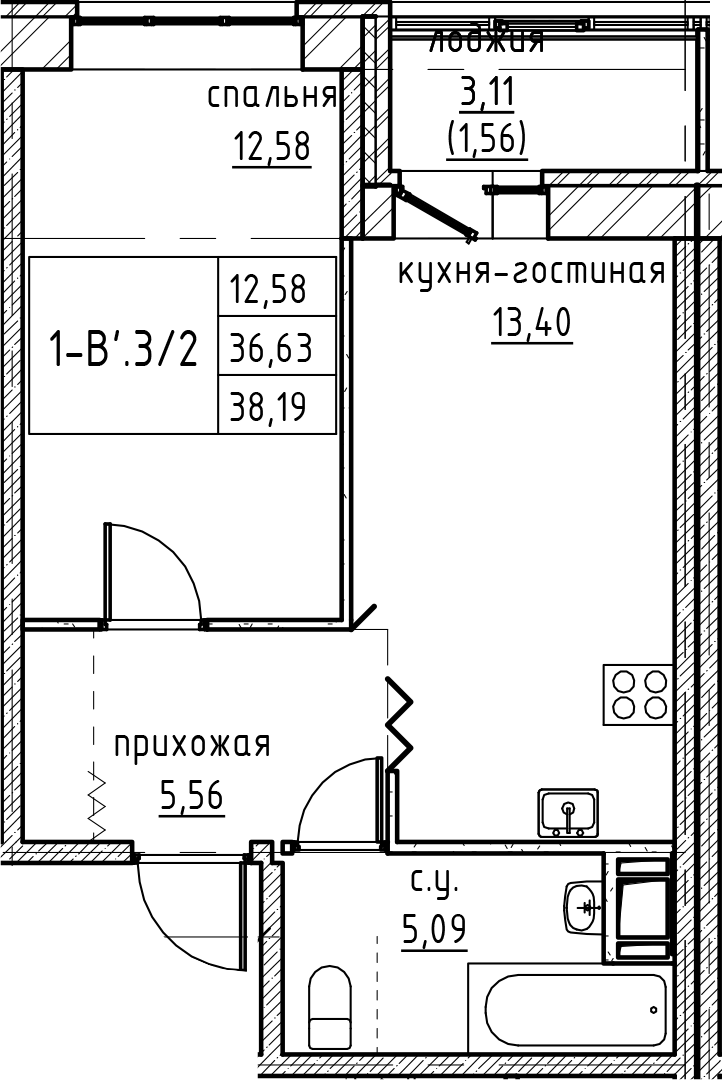 2Е-к.кв, 38.19 м²