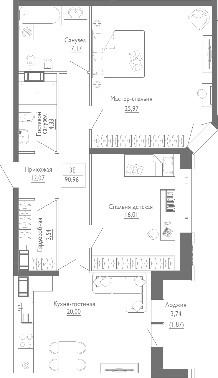 3Е-комнатная, 90.96 м²– 2