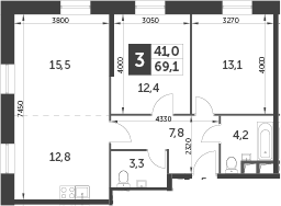 3-комнатная, 69.1 м²– 2