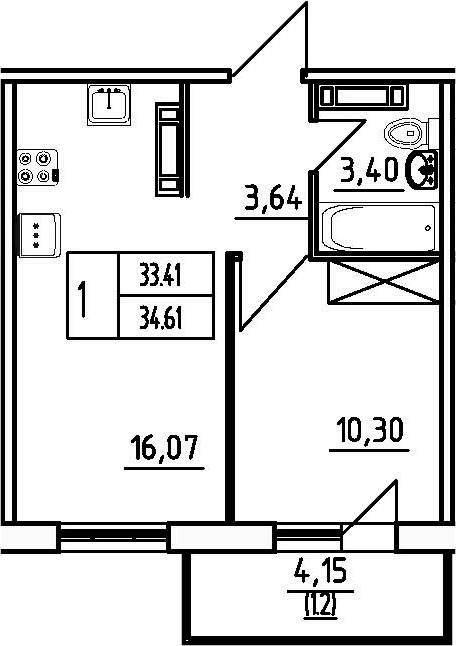 1-комнатная, 34.61 м²– 2