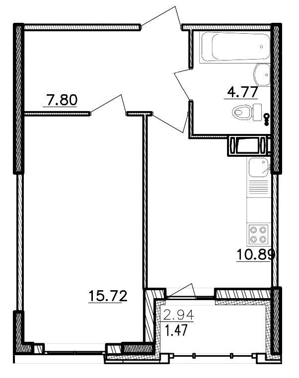 1-комнатная, 40.57 м²– 2